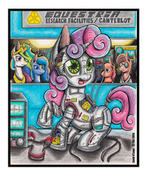 Size: 900x1100 | Tagged: safe, artist:santi-dleon, princess celestia, princess luna, sweetie belle, alicorn, pony, robot, robot pony, unicorn, g4, colored pencil drawing, experiment, female, filly, foal, hooves, horn, mare, open mouth, sweetie bot, text, traditional art