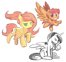 Size: 950x905 | Tagged: safe, artist:ende26, fluttershy, princess cadance, scootaloo, bat pony, pony, g4, flutterbat, flying, grin, happy, raised hoof, scootaloo can fly, sitting