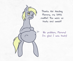 Size: 1200x1000 | Tagged: safe, artist:irateliterate, derpy hooves, dinky hooves, pegasus, pony, g4, belly, belly bumps, casual vore, derpypred, dialogue, equestria's best daughter, female, fetish, filly, filly prey, foal, mare, mare pred, mother and daughter, vore, willing prey, willing vore