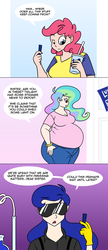 Size: 1250x2900 | Tagged: dead source, safe, artist:bigponiesinc, pinkie pie, princess celestia, princess luna, human, ask feedee twilight, g4, belly, blueberry gum, chubby, chubbylestia, fat, humanized, implied blueberry inflation, science