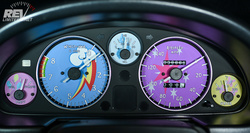 Size: 980x521 | Tagged: safe, fluttershy, pinkie pie, rainbow dash, rarity, twilight sparkle, g4, background pony applejack, car, cutie mark, dashboard, speedometer