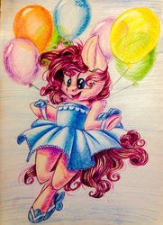 Size: 2352x3246 | Tagged: safe, artist:theorderofalisikus, pinkie pie, earth pony, pony, g4, balloon, bipedal, clothes, dress, ear fluff, female, high res, solo, traditional art