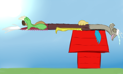 Size: 960x576 | Tagged: safe, artist:frist44, discord, draconequus, g4, crossover, discord being discord, doghouse, peanuts, planking, reference, sleeping, sunlight