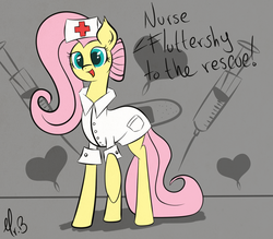 Size: 933x819 | Tagged: safe, artist:greseres, fluttershy, g4, clothes, cute, female, heart, looking at you, nurse, open mouth, raised hoof, smiling, solo, syringe