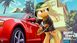 Size: 1920x1080 | Tagged: dead source, safe, artist:supermare, applejack, earth pony, pony, g4, car, clothes, crossover, female, grand theft auto, gta v, hat, lamar davis, mare, obey (car), obey tailgater, shirt, solo, tattoo, wallpaper, watch
