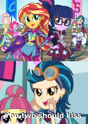 Size: 1063x1500 | Tagged: safe, edit, edited screencap, screencap, fluttershy, indigo zap, pinkie pie, rainbow dash, sci-twi, sour sweet, sugarcoat, sunset shimmer, twilight sparkle, equestria girls, g4, my little pony equestria girls: friendship games, asdfmovie, asdfmovie5, ear piercing, earring, female, goggles, jewelry, lesbian, macro, now kiss, piercing, ship:sci-twishimmer, ship:sunsetsparkle, shipper on deck, shipping