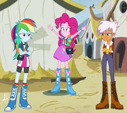 Size: 1024x910 | Tagged: dead source, safe, artist:angelitus01, gilda, pinkie pie, rainbow dash, equestria girls, g4, the lost treasure of griffonstone, backpack, boots, bracelet, clothes, compression shorts, equestria girls interpretation, equestria girls-ified, female, high heel boots, jewelry, miniskirt, pants, rainbow socks, scene interpretation, shoes, shorts, show accurate, skirt, socks, striped socks, trio, trio female