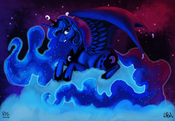 Size: 1024x710 | Tagged: safe, artist:abacusa, artist:rpg-onion, princess luna, g4, cloud, cloudy, collaboration, fangs, female, prone, solo