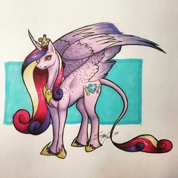 Size: 1280x1280 | Tagged: safe, artist:skyeterri, princess cadance, classical unicorn, g4, bedroom eyes, female, horn, leonine tail, markers, photo, smiling, solo, spread wings, traditional art, unshorn fetlocks