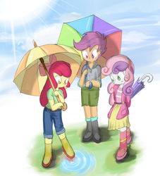 Size: 1000x1100 | Tagged: safe, artist:fromamida, apple bloom, scootaloo, sweetie belle, equestria girls, g4, apple bloom's bow, arm behind back, blushing, boots, bow, clothes, cute, cutie mark crusaders, female, hair bow, looking down, shoes, trio, umbrella