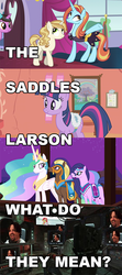 Size: 504x1135 | Tagged: safe, lily love, princess celestia, sassy saddles, sunset shimmer, twilight sparkle, g4, call of duty, call of duty: black ops, image macro, m.a. larson, meme, meta, saddle