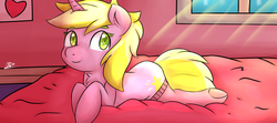 Size: 2560x1140 | Tagged: safe, artist:wolfy-pony, sunshine smiles, pony, unicorn, canterlot boutique, g4, bed, chest fluff, clothes, crepuscular rays, cute, female, heart, heart eyes, mare, prone, socks, solo, window, wingding eyes