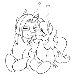 Size: 970x998 | Tagged: safe, artist:appelknekten, oc, oc only, oc:appel, oc:lily cureheart, pony, appelskylar, blushing, female, glasses, heart, male, mare, nuzzling, stallion