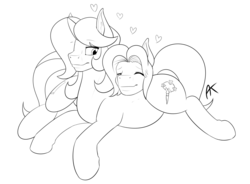 Size: 2005x1477 | Tagged: safe, artist:appelknekten, oc, oc only, oc:appel, oc:lily cureheart, pony, appelskylar, female, heart, male, mare, monochrome, pregnant, snuggling, stallion