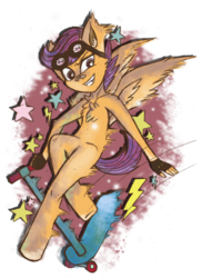 Size: 2550x3507 | Tagged: safe, artist:jesterofsolace, scootaloo, anthro, unguligrade anthro, g4, badass, chest fluff, clothes, female, fingerless gloves, gloves, goggles, high res, scooter, solo