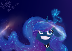 Size: 1450x1024 | Tagged: safe, artist:gnidagovnida, princess luna, alicorn, butterfly, pony, g4, big grin, choker, chokerluna, ethereal mane, female, floppy ears, grin, signature, smiling, solo, teeth