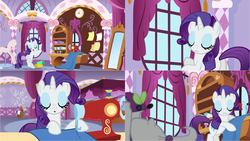 Size: 2110x1188 | Tagged: safe, screencap, opalescence, rarity, canterlot boutique, g4, animation error, missing accessory, no glasses
