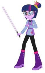Size: 1874x3000 | Tagged: safe, artist:amante56, sci-twi, twilight sparkle, equestria girls, g4, 20th century fox, clothes, crossover, disney, element of magic, female, glasses, jedi, lightsaber, looking at you, lucasfilm, simple background, smiling, solo, star wars, transparent background
