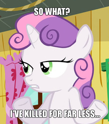 Size: 632x720 | Tagged: safe, edit, edited screencap, screencap, sweetie belle, pony, unicorn, g4, sleepless in ponyville, cropped, curtains, female, filly, frown, gritted teeth, image macro, impact font, lidded eyes, meme, shrug, so what sweetie, solo, underhoof, window
