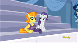 Size: 1507x841 | Tagged: safe, screencap, rarity, soarin', stormy flare, pegasus, pony, unicorn, g4, rarity investigates, bags under eyes, clothes, confused, duo focus, ear piercing, earring, eyeshadow, female, folded wings, jewelry, looking down, makeup, mare, necklace, pearl necklace, piercing, raised eyebrow, sweater, wings