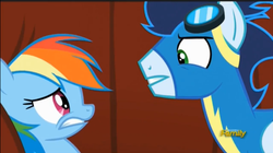 Size: 1918x1076 | Tagged: safe, screencap, rainbow dash, soarin', pony, g4, rarity investigates, eye contact, frown, glare, gritted teeth, scared