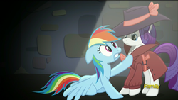 Size: 1920x1080 | Tagged: safe, screencap, rainbow dash, rarity, g4, rarity investigates, fedora, hat, rainkneel dash