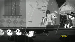 Size: 1920x1080 | Tagged: safe, screencap, rainbow dash, rarity, duck, g4, rarity investigates, black and white, grayscale, rain, umbrella, wet mane