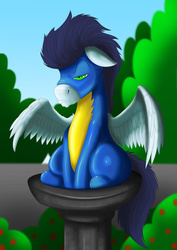 Size: 1024x1448 | Tagged: safe, artist:exelzior, soarin', pony, g4, behaving like a bird, bird bath, male, partially open wings, sitting, soarin' is not amused, solo, unamused, wings, wonderbolts uniform