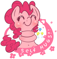Size: 1845x1893 | Tagged: safe, artist:fluffyxai, pinkie pie, earth pony, pony, g4, blushing, cute, eyes closed, female, mare, self-hugging, simple background, smiling, solo, transparent background