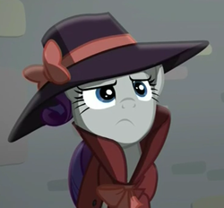 Size: 556x517 | Tagged: safe, screencap, rarity, g4, rarity investigates, clothes, female, reaction image, solo