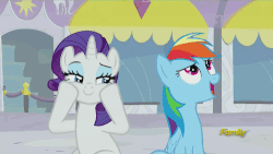 Size: 500x281 | Tagged: safe, screencap, rainbow dash, rarity, soarin', pegasus, pony, unicorn, g4, rarity investigates, season 5, animated, animation error, blinking, boop, boop the snoot, clothes, cute, dashabetes, discovery family, discovery family logo, duo focus, eyes closed, eyeshadow, female, floppy ears, gif, glowing, glowing horn, head scratch, hoof on head, hooves, horn, looking at each other, magic, magic aura, makeup, male, mare, noseboop, open mouth, open smile, raised hoof, raribetes, shipping fuel, sitting, smiling, squishy cheeks, stallion, sunscreen, telekinesis, trio, uniform, wonderbolts, wonderbolts uniform