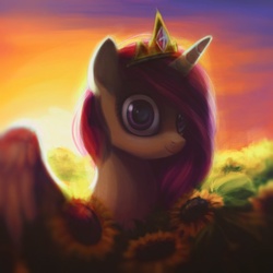 Size: 800x800 | Tagged: safe, artist:annielith, princess celestia, g4, creepy, female, looking at you, solo, staring into your soul, sunflower