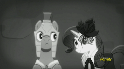 Size: 500x281 | Tagged: safe, screencap, rarity, pony, unicorn, g4, rarity investigates, season 5, animated, close-up, detective, detective rarity, discovery family, discovery family logo, duo, female, flirting, gif, male, mare, monochrome, noir, royal guard, seduction, stallion, wtf, you know for kids