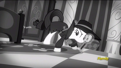 Size: 1920x1080 | Tagged: safe, screencap, rarity, g4, rarity investigates, season 5, detective, detective rarity, female, magnifying glass, monochrome, solo