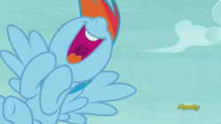 Size: 1112x622 | Tagged: safe, screencap, rainbow dash, g4, rarity investigates, cheering, cute, female, nose in the air, open mouth, solo, volumetric mouth