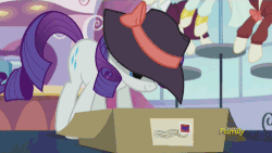 Size: 500x281 | Tagged: safe, screencap, rarity, pony, unicorn, g4, rarity investigates, season 5, animated, box, clothes, discovery family, discovery family logo, female, hat, magic, mane flip, mannequin, sexy, solo, walking