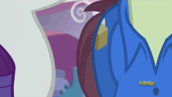 Size: 500x281 | Tagged: safe, screencap, package deal, rarity, pony, unicorn, g4, rarity investigates, animated, blushing, delivery pony, discovery family, discovery family logo, female, flirting, male, mare, seductive, stallion