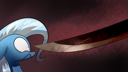 Size: 1280x720 | Tagged: safe, artist:underpable, trixie, pony, unicorn, g4, crossover, ears back, female, frown, great knife, konami, mare, nervous, nose wrinkle, offscreen character, pyramid head, scared, silent hill, sweat, sword, wide eyes