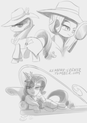Size: 1228x1736 | Tagged: safe, artist:grissaecrim, rarity, g4, rarity investigates, detective, detective rarity, fainting couch, grayscale, hat, monochrome, solo