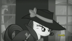 Size: 500x281 | Tagged: safe, screencap, rainbow dash, rarity, wind rider, g4, rarity investigates, season 5, animated, clothes, discovery family, discovery family logo, facehoof, fedora, grayscale, hat, lightning, mirror, monochrome, rain, trenchcoat