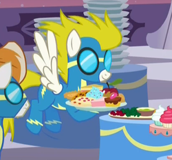 Size: 830x770 | Tagged: safe, screencap, fire streak, surprise (g4), pegasus, pony, g4, rarity investigates, season 5, apple, cake, clothes, cookie, cupcake, duo, female, female focus, flying, food, frown, goggles, male, mare, smiling, solo focus, spread wings, stallion, uniform, wings, wonderbolts uniform