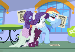 Size: 1026x713 | Tagged: safe, artist:dm29, rainbow dash, rarity, spitfire, g4, rarity investigates, clothes, duo, flyer, missing, missing pony, open mouth, that was fast, wanted poster, wink