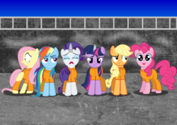 Size: 3596x2550 | Tagged: safe, artist:spellboundcanvas, applejack, fluttershy, pinkie pie, rainbow dash, rarity, twilight sparkle, g4, abuse, bound wings, clothes, crying, high res, horn, horn cap, magic suppression, mane six, prison, prison outfit, prisoner, prisoner aj, prisoner fs, prisoner pp, prisoner rd, prisoner ry, prisoner ts, smiling, twilybuse, unamused, varying degrees of want