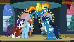 Size: 1600x900 | Tagged: safe, screencap, rainbow dash, rarity, soarin', spitfire, pony, g4, rarity investigates