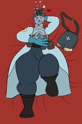 Size: 2000x3000 | Tagged: safe, artist:facade, oc, oc only, oc:mia pennington, diamond dog, bed, bedroom eyes, bubble, female diamond dog, folder, goggles, high res, impossibly wide hips, medic, medic (tf2), satchel, team fortress 2, wide hips