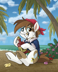 Size: 807x1000 | Tagged: safe, artist:spainfischer, pipsqueak, crab, pony, g4, bandana, bottle, cloud, cloudy, dagger, ear piercing, flower, gold tooth, island, male, ocean, older, palm tree, patch, piercing, pirate, sand, seashell, signature, sitting, sky, solo, tree, wave