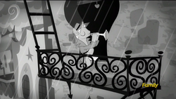 Size: 1920x1080 | Tagged: safe, screencap, pony, g4, rarity investigates, season 5, balcony, black and white, canterlot, dexterous hooves, discovery family logo, grayscale, male, monochrome, musical instrument, noir, playing instrument, rain, solo, stallion, trumpet