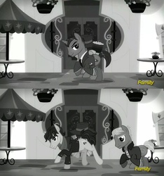 Size: 1800x1920 | Tagged: safe, screencap, modus ponens, natural deduction, wind rider, earth pony, pony, unicorn, g4, rarity investigates, 2 panel comic, black and white, comic, discovery family logo, grayscale, james moriarty, jim moriarty, john watson, monochrome, rotten apple (g4), sherlock, sherlock holmes