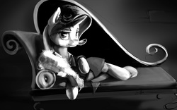 Size: 5551x3465 | Tagged: safe, artist:silfoe, rarity, g4, rarity investigates, bedroom eyes, clothes, couch, draw me like one of your french girls, dress, fainting couch, female, grayscale, looking at you, monochrome, on side, scene interpretation, smiling, solo, that was fast
