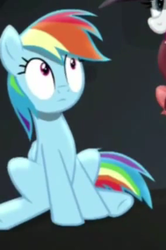 Size: 189x285 | Tagged: safe, screencap, rainbow dash, rarity, g4, rarity investigates, cute, frown, sitting, solo focus, wide eyes